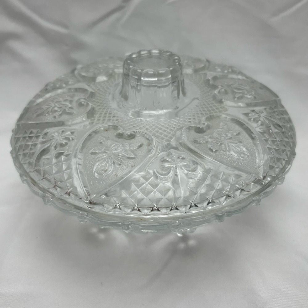 Vintage Pressed Malaysia Glass Candy Dish with Lid Heart Rose Design